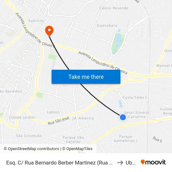 Esq. C/ Rua Bernardo Berber Martinez (Rua Catulino Nunes Dos Santos) to Uberaba map