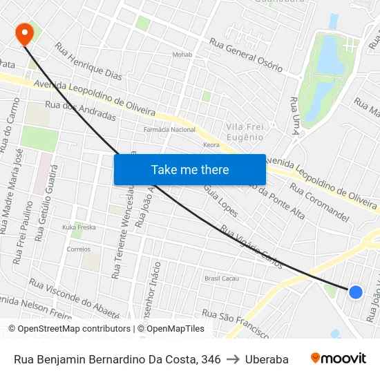 Rua Benjamin Bernardino Da Costa, 346 to Uberaba map
