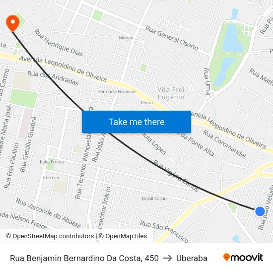Rua Benjamin Bernardino Da Costa, 450 to Uberaba map