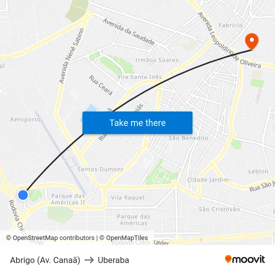 Abrigo (Av. Canaã) to Uberaba map