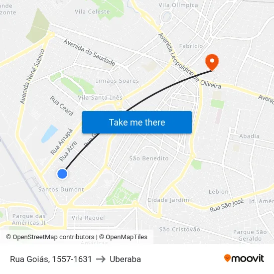 Rua Goiás, 1557-1631 to Uberaba map