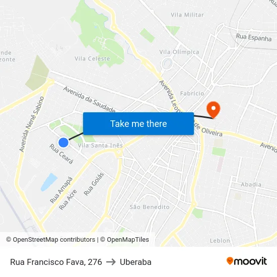 Rua Francisco Fava, 276 to Uberaba map