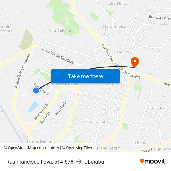 Rua Francisco Fava, 514-578 to Uberaba map