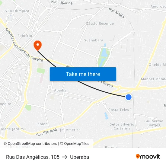 Rua Das Angélicas, 105 to Uberaba map