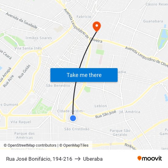 Rua José Bonifácio, 194-216 to Uberaba map