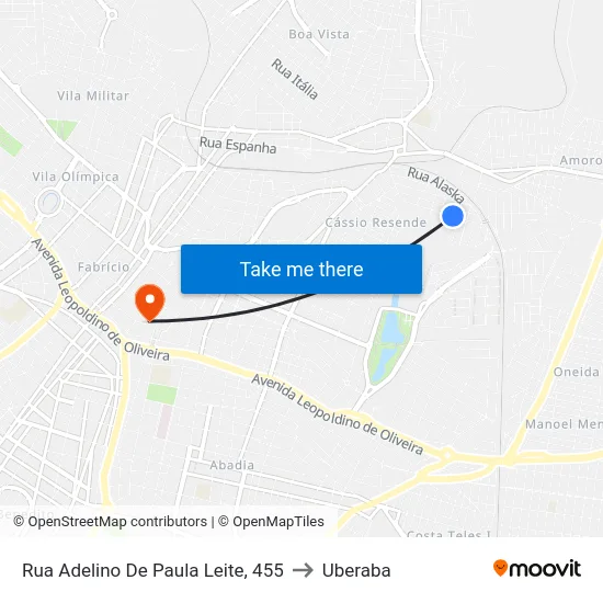 Rua Adelino De Paula Leite, 455 to Uberaba map