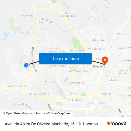 Avenida Alzira De Oliveira Machado, 16 to Uberaba map