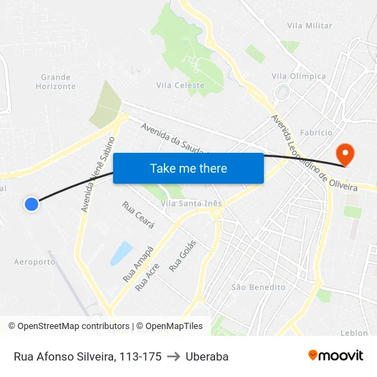Rua Afonso Silveira, 113-175 to Uberaba map