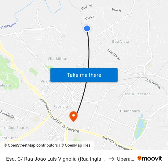 Esq. C/ Rua João Luís Vignólia (Rua Inglaterra) to Uberaba map