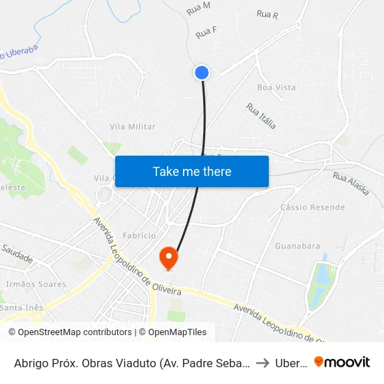 Abrigo Próx. Obras Viaduto (Av. Padre Sebastião Carmelita) to Uberaba map
