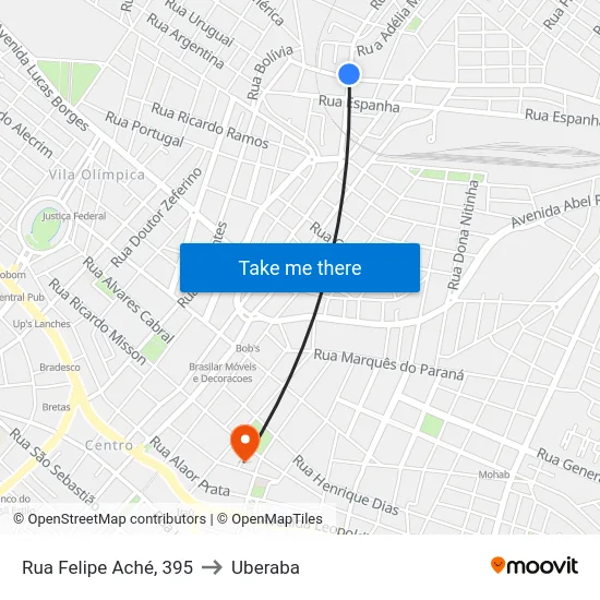 Rua Felipe Aché, 395 to Uberaba map