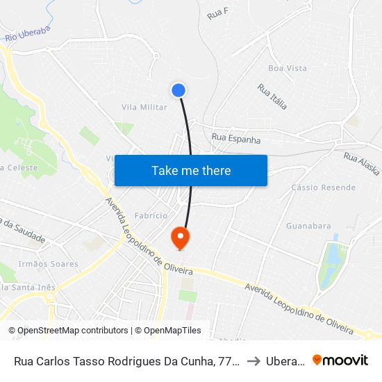 Rua Carlos Tasso Rodrigues Da Cunha, 770-852 to Uberaba map