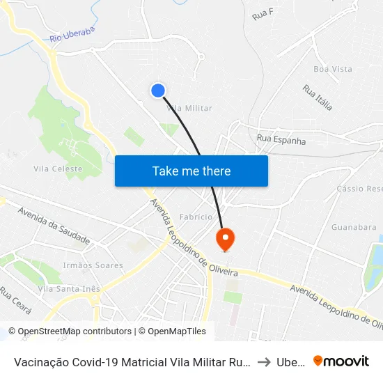 Vacinação Covid-19 Matricial Vila Militar Rua João M Borges, 99 to Uberaba map