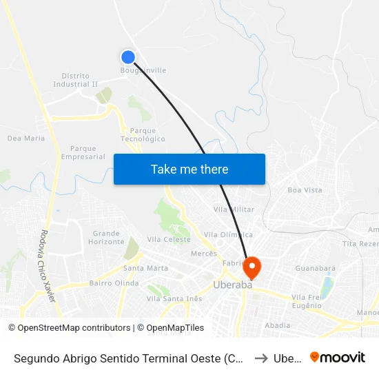 Segundo Abrigo Sentido Terminal Oeste (Chácaras Bouganville) to Uberaba map