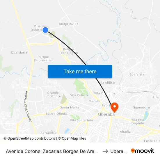 Avenida Coronel Zacarias Borges De Araújo to Uberaba map