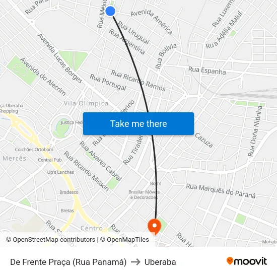 De Frente Praça (Rua Panamá) to Uberaba map