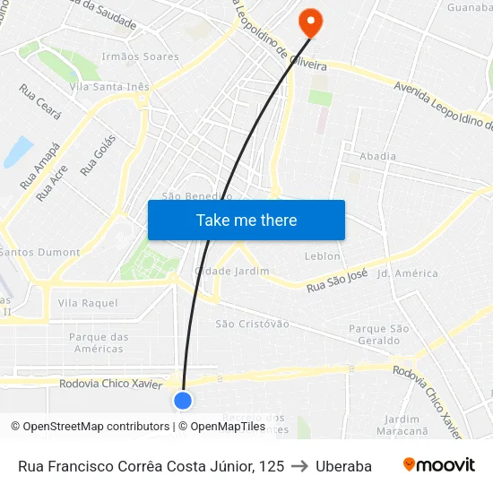 Rua Francisco Corrêa Costa Júnior, 125 to Uberaba map