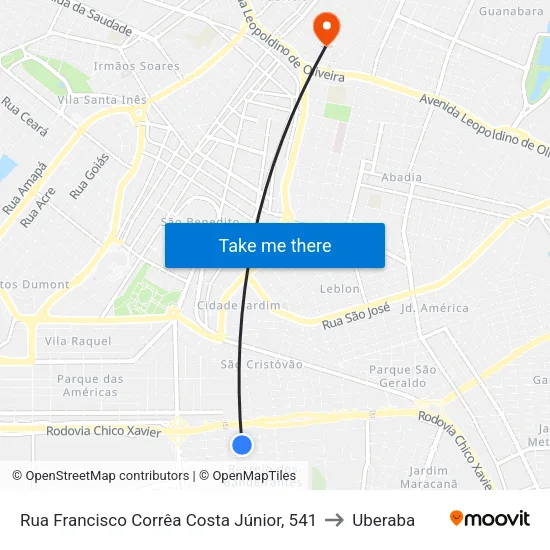 Rua Francisco Corrêa Costa Júnior, 541 to Uberaba map
