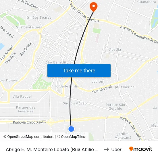 Abrigo E. M. Monteiro Lobato (Rua Abílio Monteiro) to Uberaba map