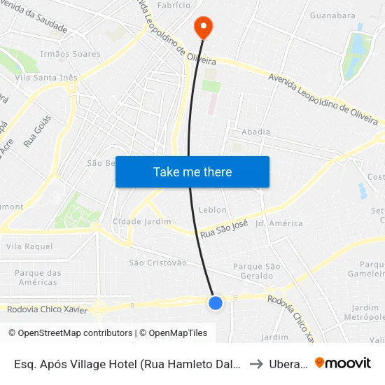 Esq. Após Village Hotel (Rua Hamleto Dalmaso) to Uberaba map