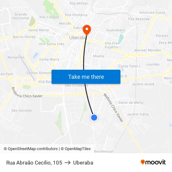 Rua Abraão Cecílio, 105 to Uberaba map