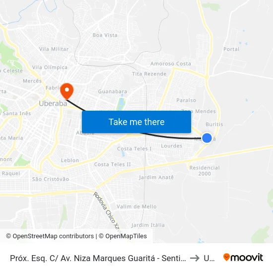 Próx. Esq. C/ Av. Niza Marques Guaritá - Sentido Parque Dos Buritis (Rua Bádio Mariano Prais) to Uberaba map
