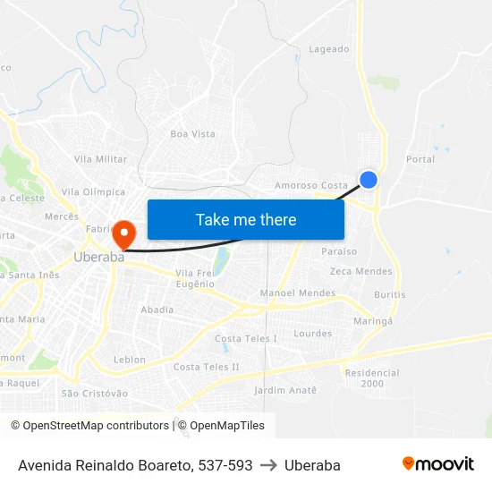 Avenida Reinaldo Boareto, 537-593 to Uberaba map