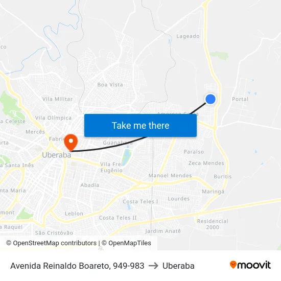 Avenida Reinaldo Boareto, 949-983 to Uberaba map