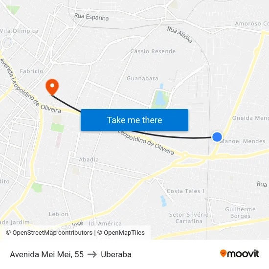 Avenida Mei Mei, 55 to Uberaba map