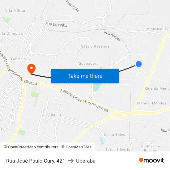 Rua José Paulo Cury, 421 to Uberaba map