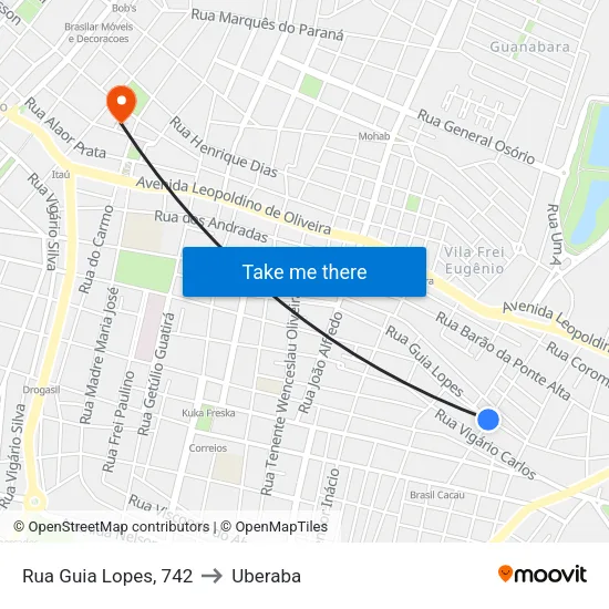 Rua Guia Lopes, 742 to Uberaba map