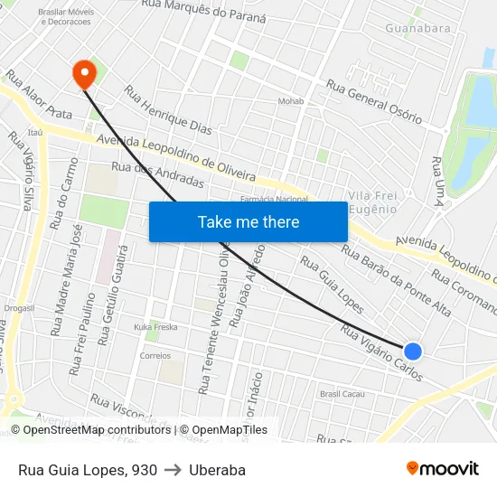 Rua Guia Lopes, 930 to Uberaba map