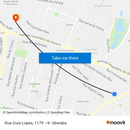 Rua Guia Lopes, 1179 to Uberaba map