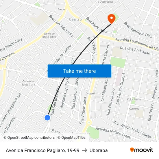 Avenida Francisco Pagliaro, 19-99 to Uberaba map