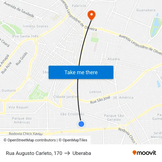 Rua Augusto Carleto, 170 to Uberaba map