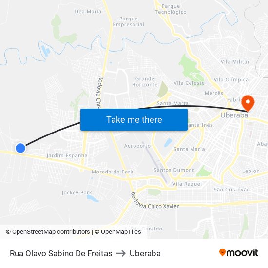 Rua Olavo Sabino De Freitas to Uberaba map