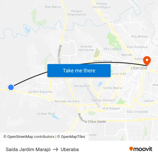 Saída Jardim Marajó to Uberaba map