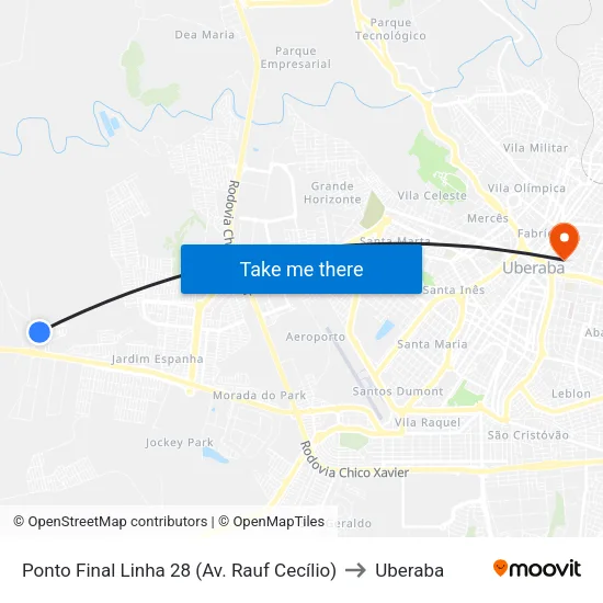 Ponto Final Linha 28 (Av. Rauf Cecílio) to Uberaba map
