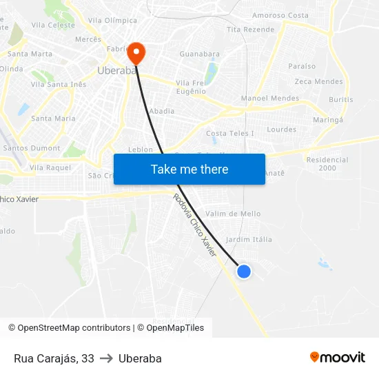 Rua Carajás, 33 to Uberaba map
