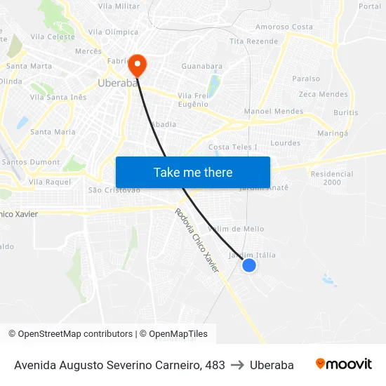 Avenida Augusto Severino Carneiro, 483 to Uberaba map