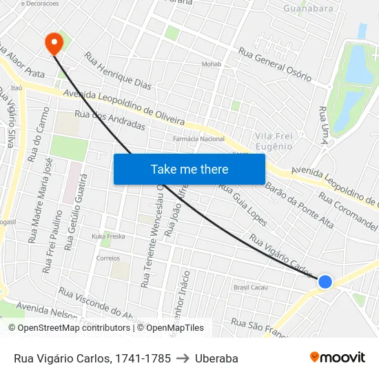 Rua Vigário Carlos, 1741-1785 to Uberaba map