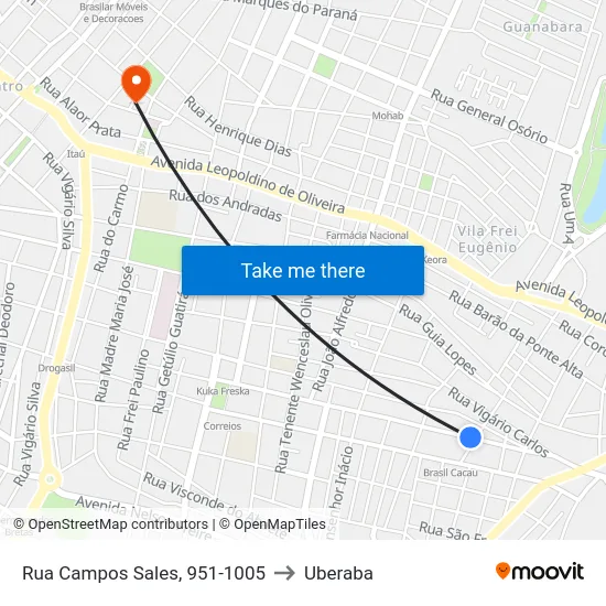 Rua Campos Sales, 951-1005 to Uberaba map