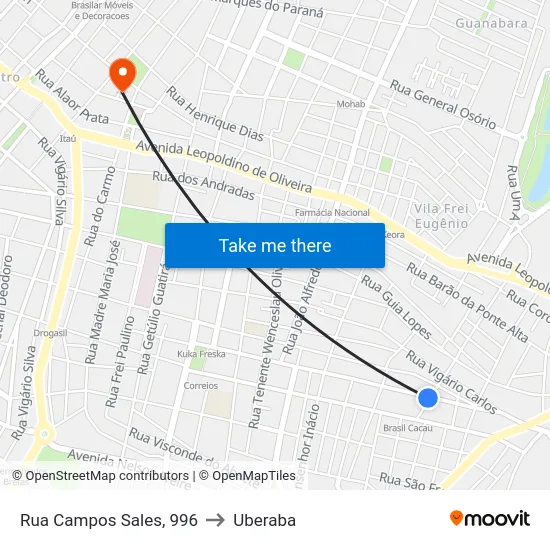 Rua Campos Sales, 996 to Uberaba map