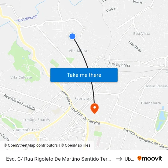 Esq. C/ Rua Rigoleto De Martino Sentido Terminal Oeste (Rua República De Honduras) to Uberaba map