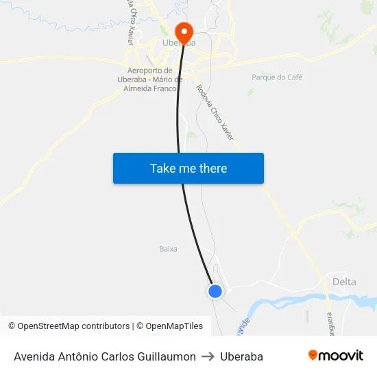 Avenida Antônio Carlos Guillaumon to Uberaba map