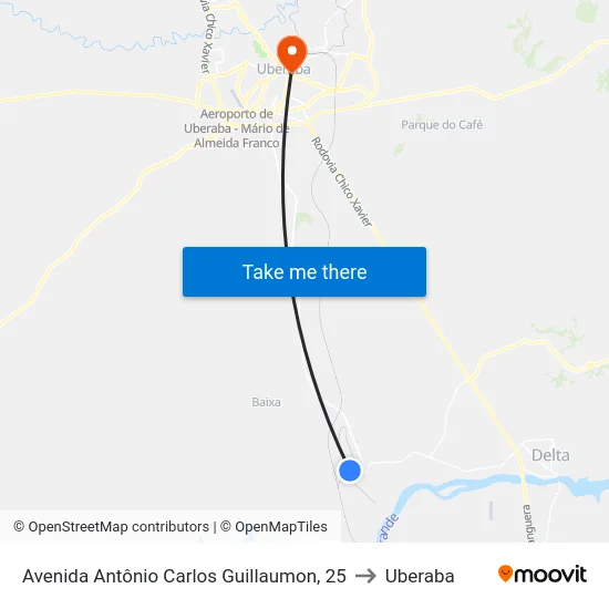 Avenida Antônio Carlos Guillaumon, 25 to Uberaba map