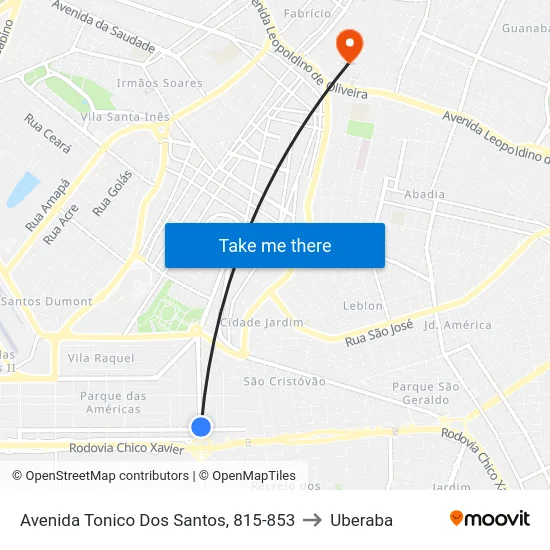 Avenida Tonico Dos Santos, 815-853 to Uberaba map