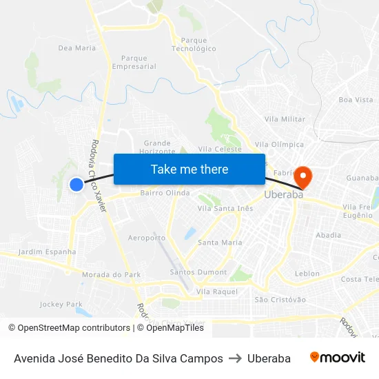 Avenida José Benedito Da Silva Campos to Uberaba map