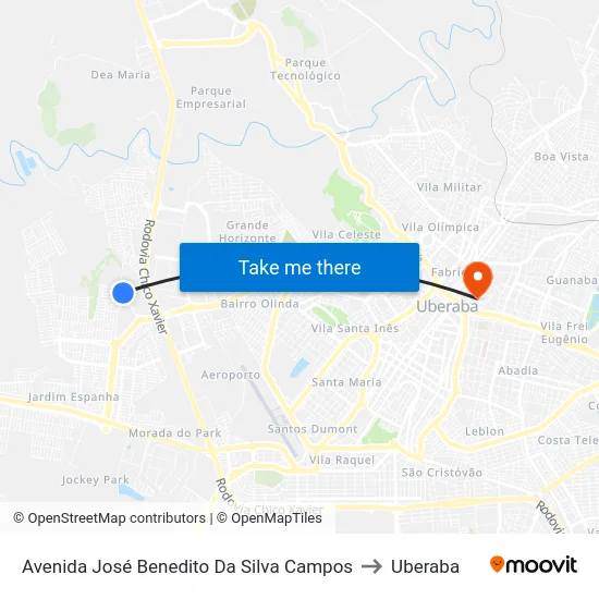 Avenida José Benedito Da Silva Campos to Uberaba map