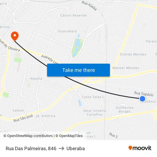 Rua Das Palmeiras, 846 to Uberaba map